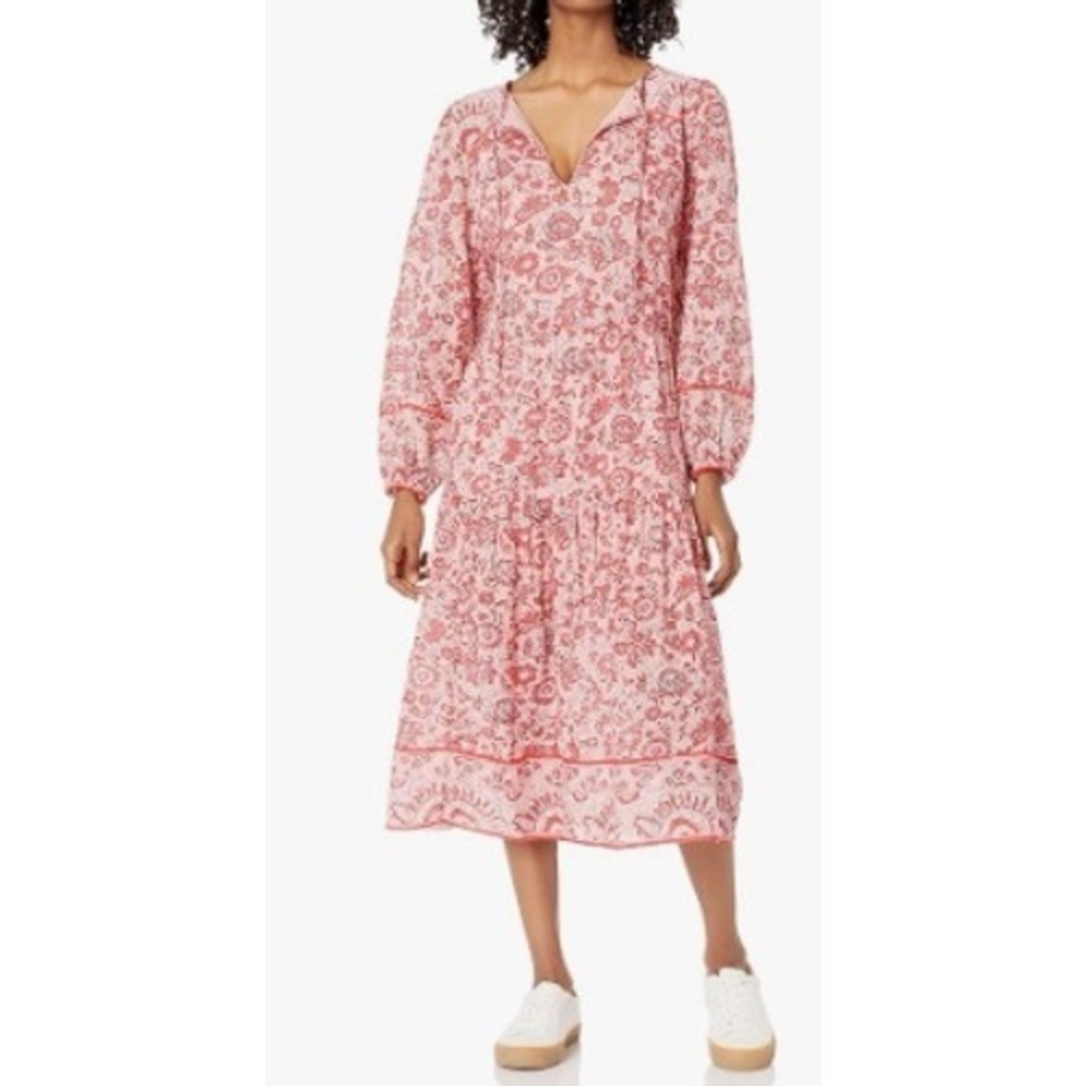 Billabong‎ Storm Rider Dress Pink Floral Paisley Tiered Cotton Midi Dress Size S